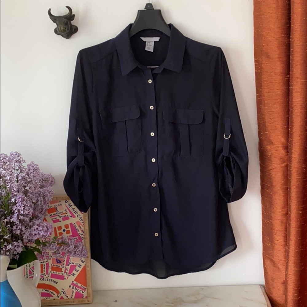 H&M utility style button down shirt, size 8, navy